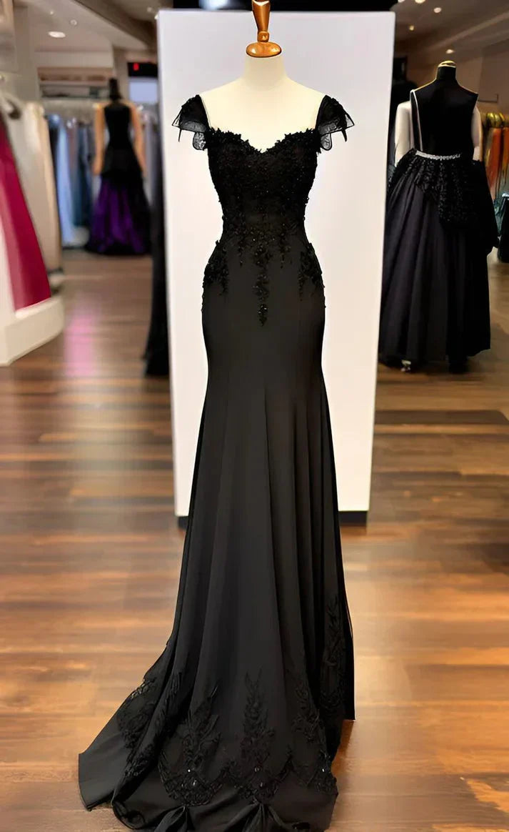 Sexy Black Mermaid Gowns V Neck Chiffon Lace Prom Dress