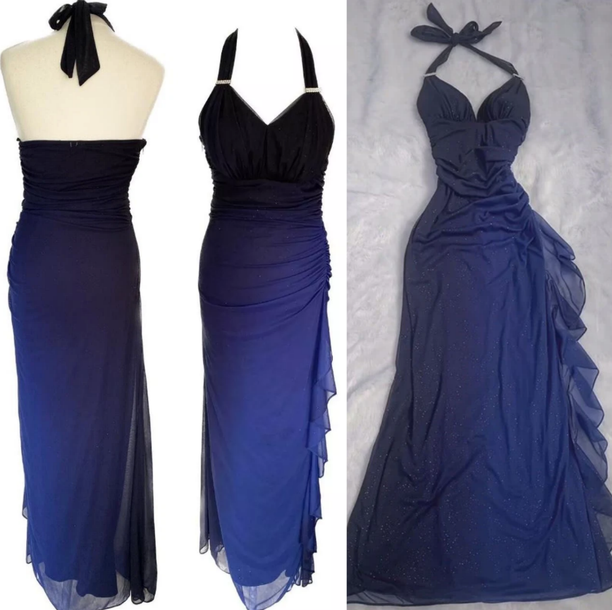 Shiny Chiffon Halter Sheath Prom Dresses For Prom&Birthday Elegant Blue Prom Gown