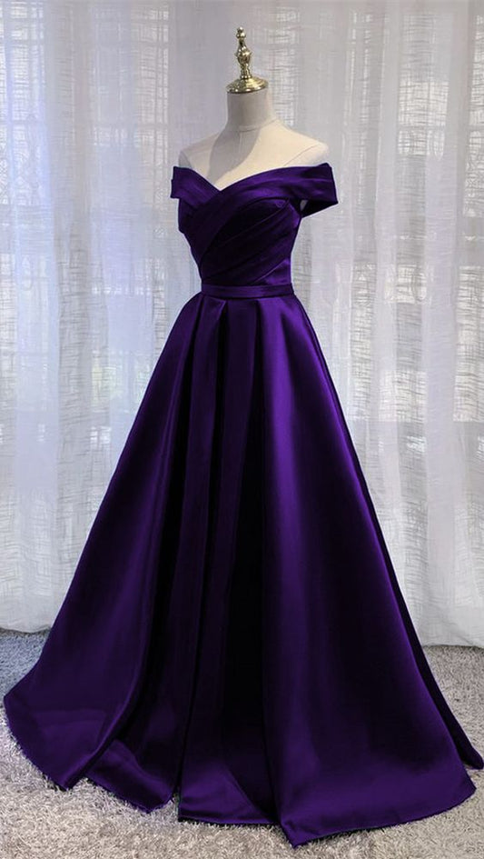 Simple Off Shoulder Satin Long Prom Dress, Dark Purple Prom Dresses Prom Gowns
