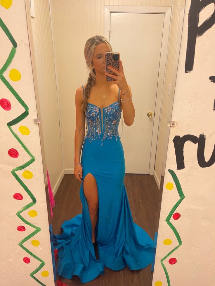 Blue Spaghetti Strap Gorgeous Exquisite Beaded Bodycon Long Satin High Slit Ball Gowns Prom Dresses