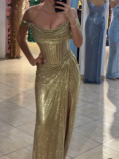 Sparkly Mermaid Off The Shoulder Blue Sequin Long Slit Prom Gown Prom Dress Special Prom Dress