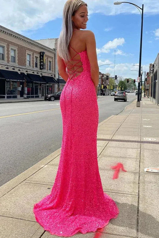 Sparkly Mermaid Sequined Sleeveless Long Prom Dresses With Slit, Long Prom Gowns
