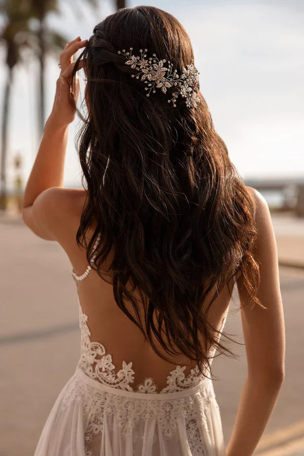 A-shaped gemstone neckline lace bohemian wedding beach bride dress