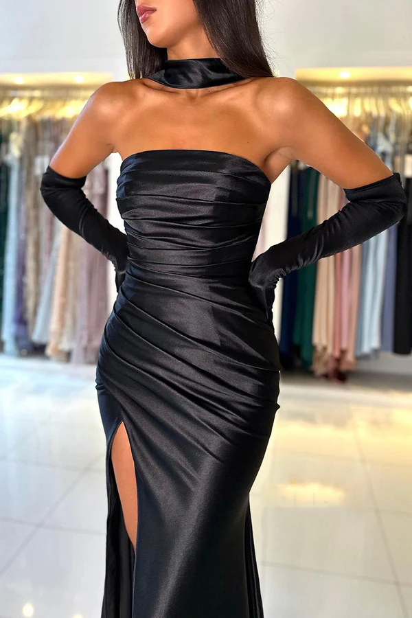 Unique strapless satin pleated black mermaid formal dress with slit for evening dress