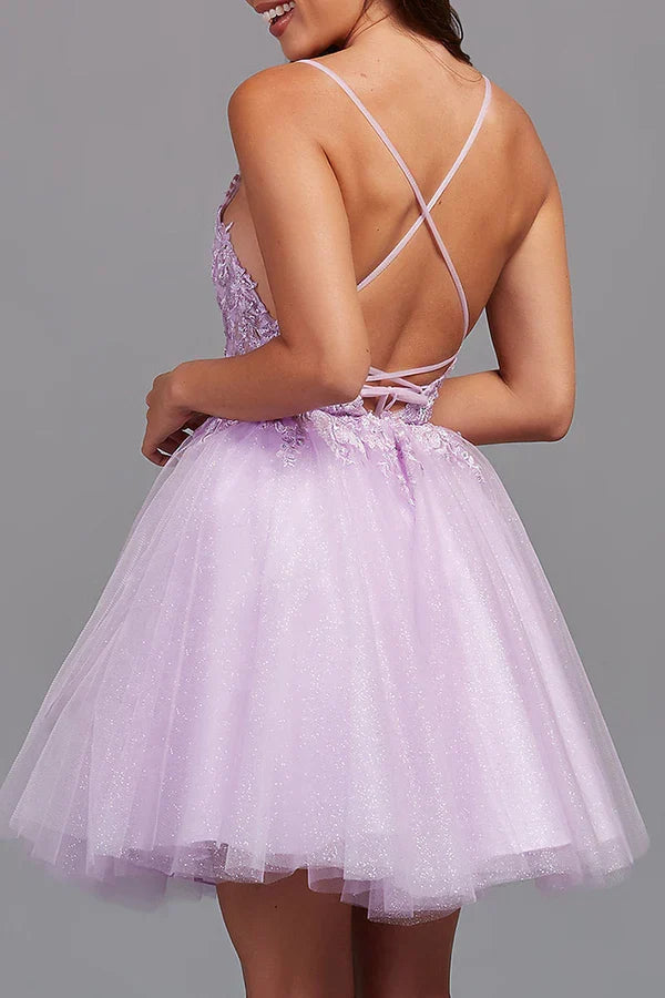 A-line V-neck lace sticker cute short Homecoming dress