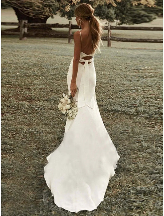 Beach Sexy Casual Wedding Dresses Sheath / Column Square Camisole Spaghetti Strap Sweep / Brush Train Fabric Bridal Gowns With Ruched Split Front