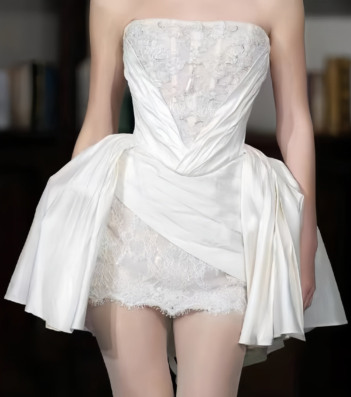 Strapless White Lace Wedding Dresses Mini Bridal Gowns,
