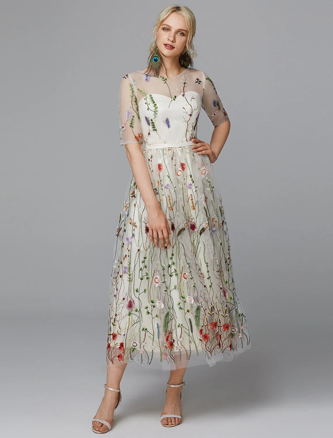 A-Line Floral Dress Wedding Guest Holiday Tea Length Half Sleeve Illusion Neck Lace with Embroidery Appliques