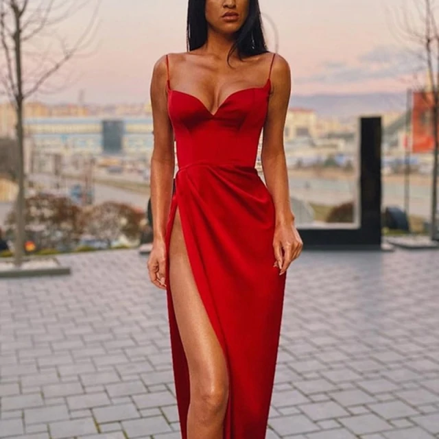 Thin Straps Simple Prom Gown With Leg Slit Side