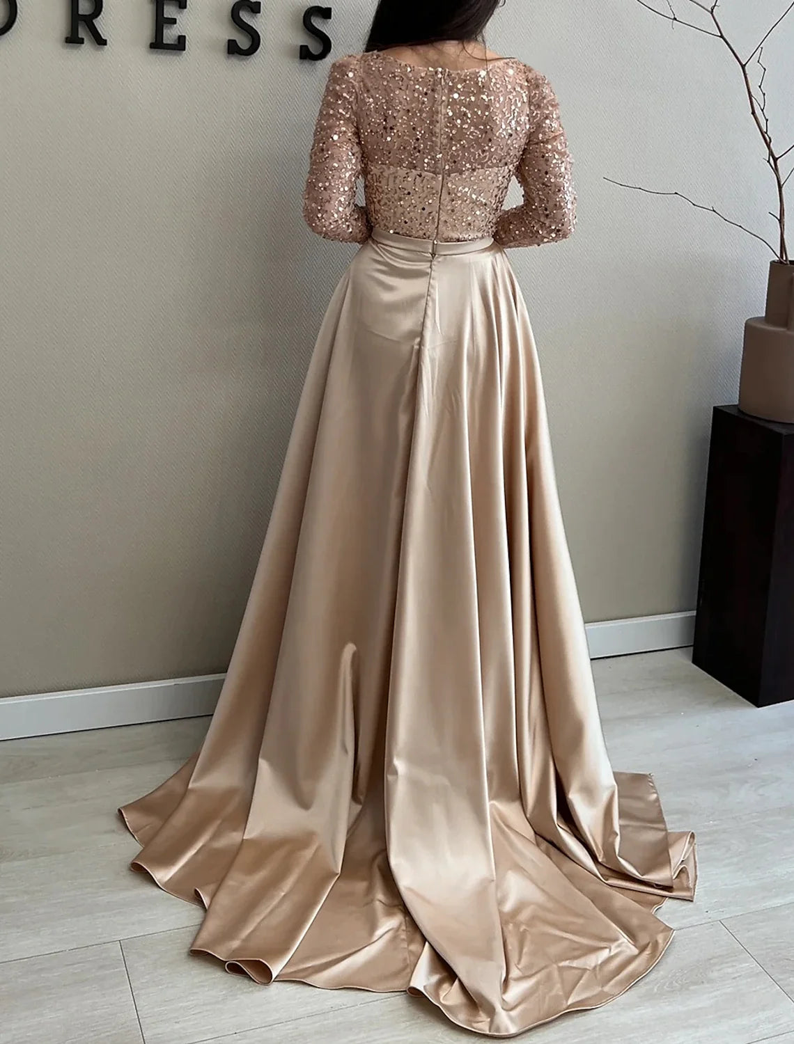 A-Line Evening Gown Sparkle Dress Wedding Black Tie Floor Length Long Sleeve Jewel Neck Satin with Sequin 2026