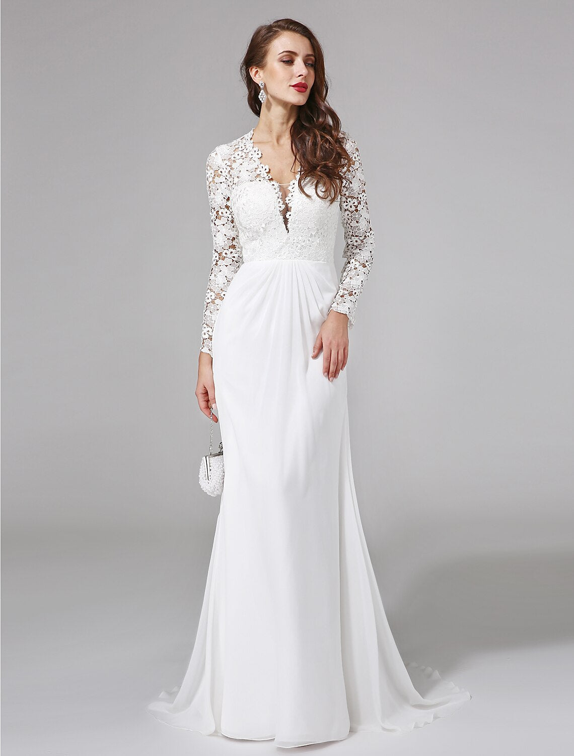 Beach Royal Style Boho Wedding Dresses Sheath / Column Illusion Neck Long Sleeve Sweep / Brush Train Chiffon Bridal Gowns With Lace Button Summer Wedding Party, Women's Clothing