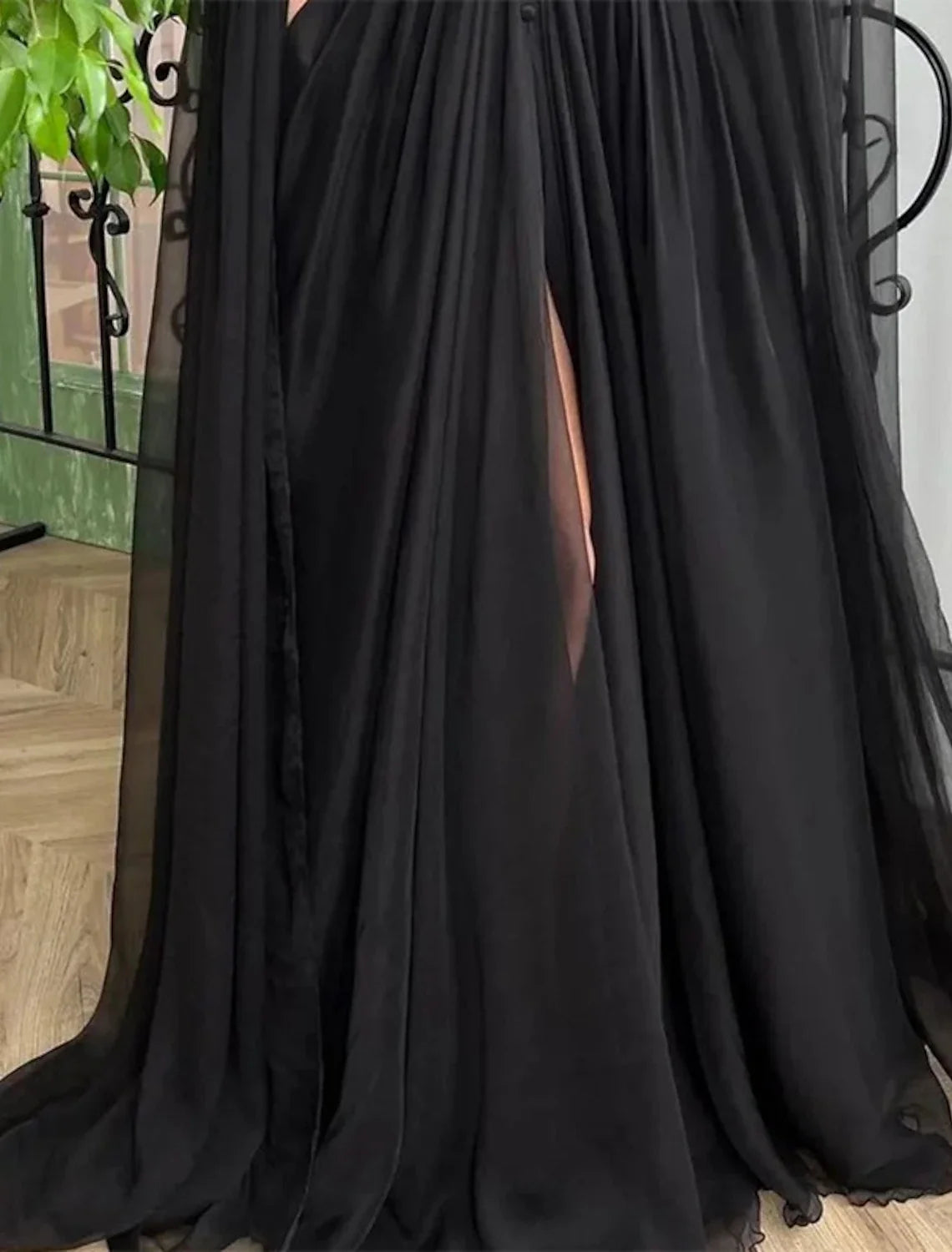 A-Line Evening Gown Black Dress Plus Size Formal Masquerade Court Train Long Sleeve V Neck Wednesday Addams Family Chiffon with Buttons Slit Appliques 2026