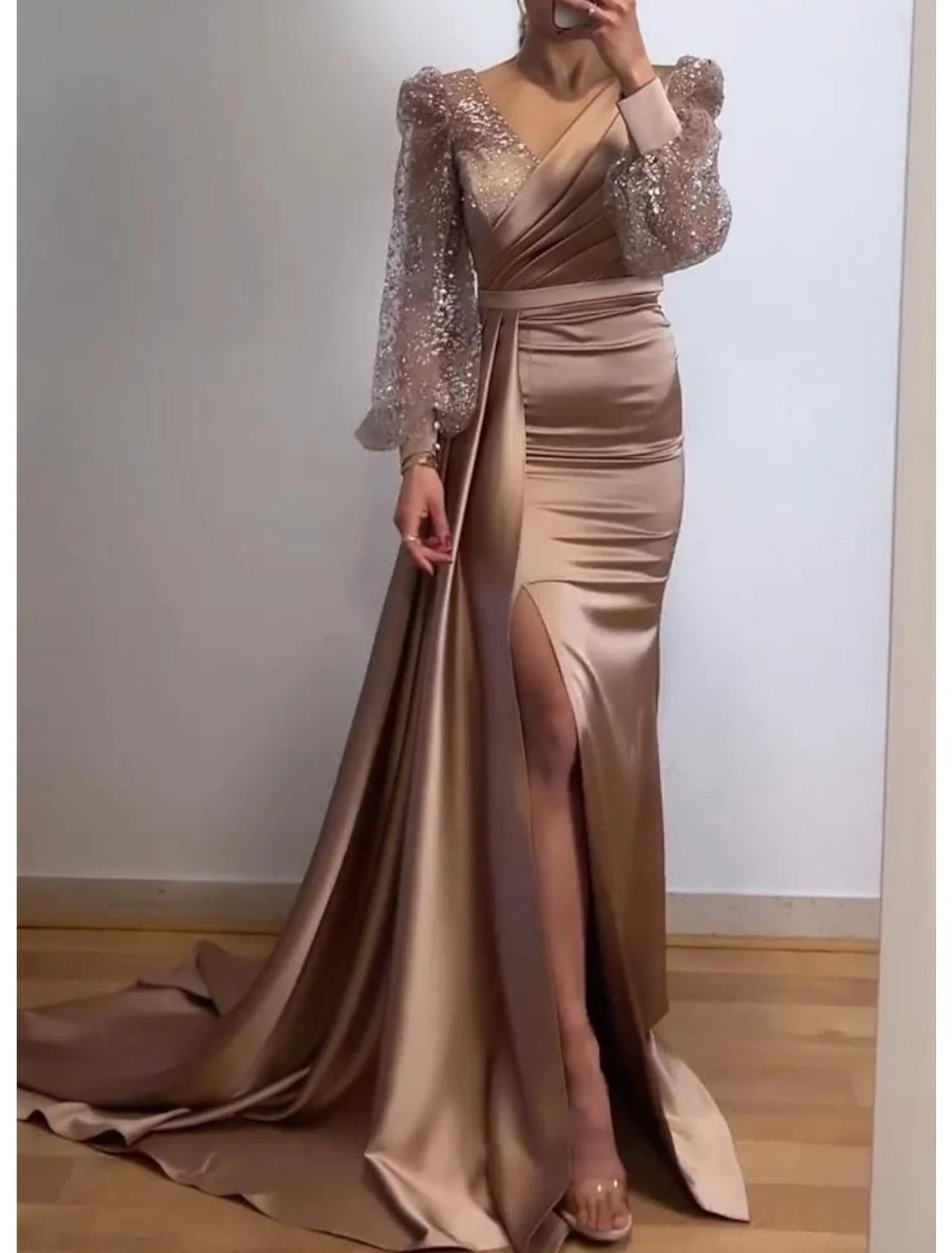 Mermaid / Trumpet Evening Gown Sparkle & Shine Dress Formal Court Train Long Sleeve V Neck Fall Wedding Guest Charmeuse with Sequin Slit 2026