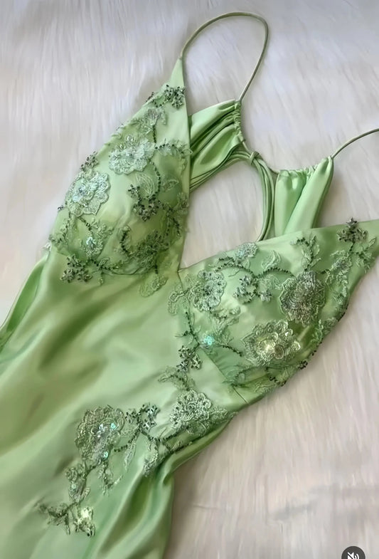 V-Neck Long Prom Dresses ,Light Green Prom Gowns