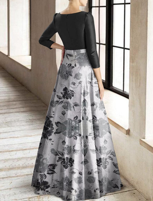 A-Line Mother of the Bride Dress Formal Wedding Guest Elegant Square Neck Floor Length Taffeta Fabric 3/4 Length Sleeve with Pleats Flower