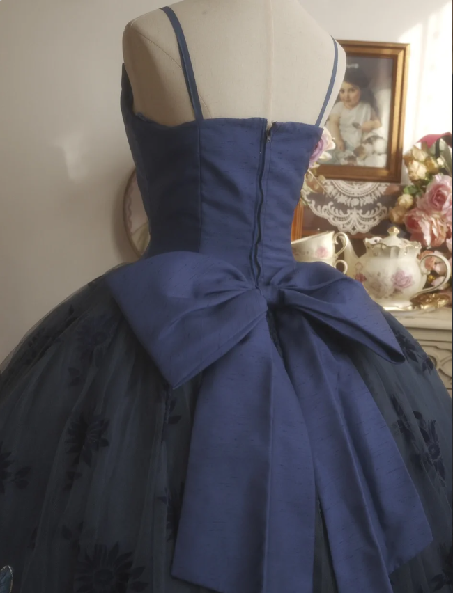 Vintage Elegant Navy Blue Bow Embroidered Train Tulle Ball Gown Evening Dresses Sweet 16 Dresses