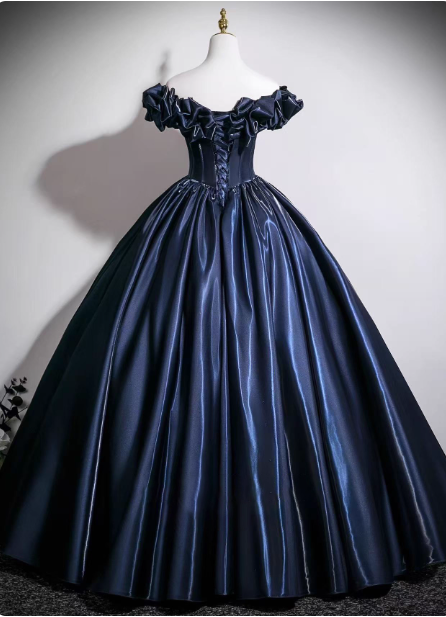 Vintage Navy Blue Off-The-Shoulder Satin Ball Gown Evening Dresses Sweet 16 Dresses
