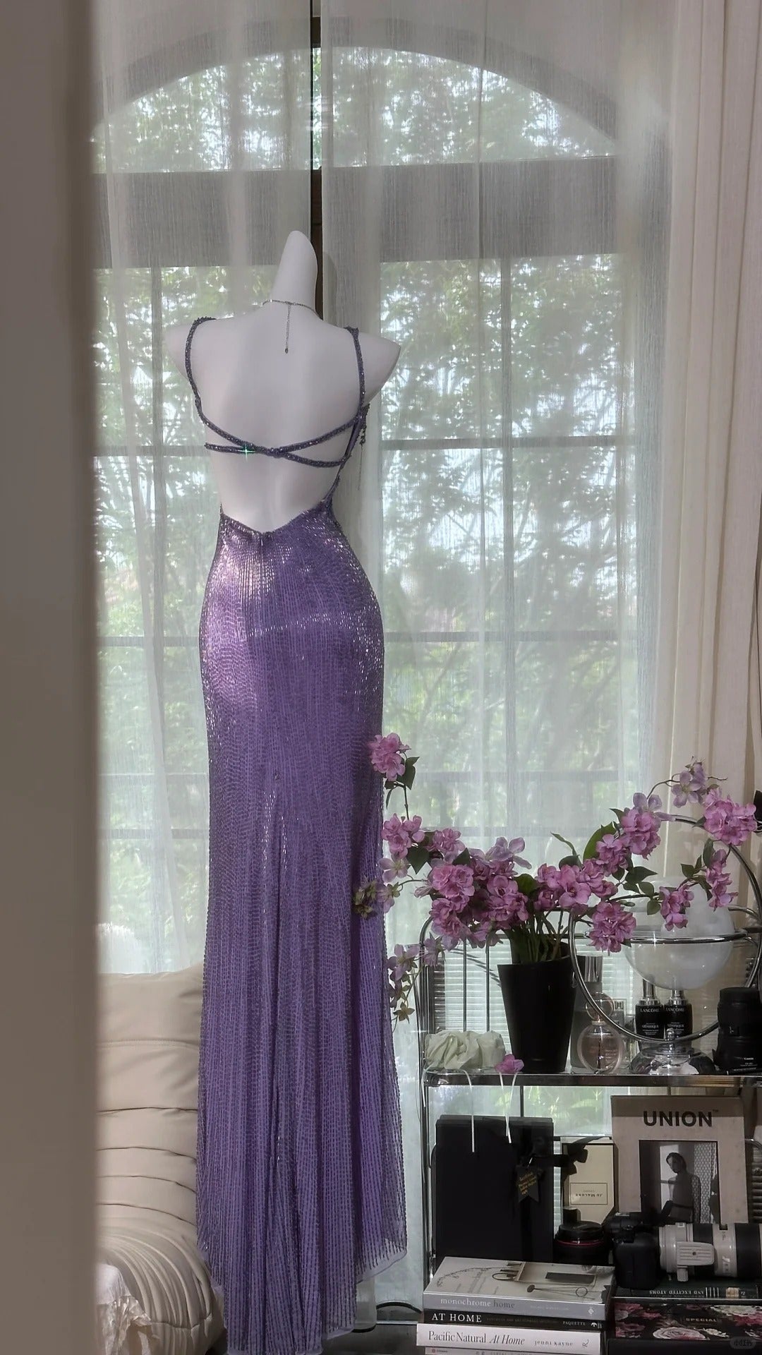 Vintage Purple Strap Chiffon Halter Back High Slit Beaded Prom Gowns Prom Dresses
