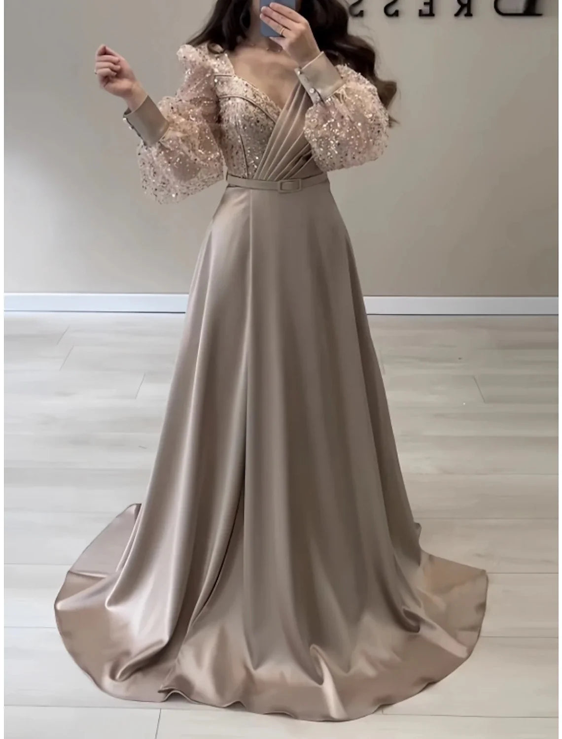 A-Line Evening Gown Sparkle & Shine Black Dress Formal Fall Sweep / Brush Train Long Sleeve V Neck Satin with Glitter Pleats Strappy 2026