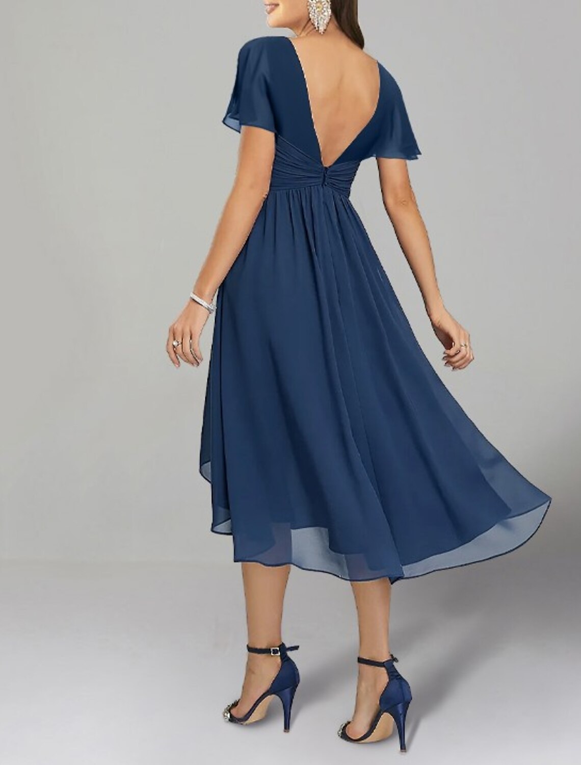 A-Line Wedding Guest Dresses Open Back Dress Cocktail Party Tea Length Short Sleeve Jewel Neck Chiffon Backless with Beading 2026