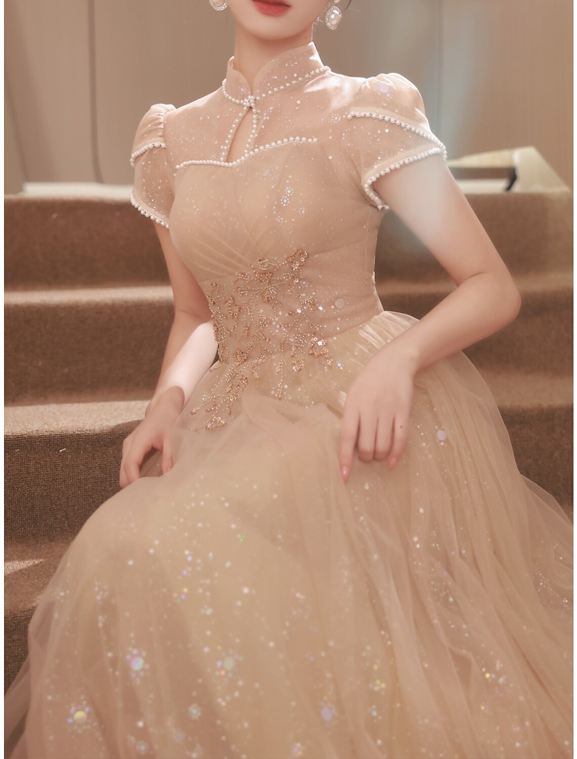 A-Line Evening Gown Sparkle & Shine Dress Engagement Prom Floor Length Short Sleeve Stand Collar Satin with Buttons Ruched Pearls