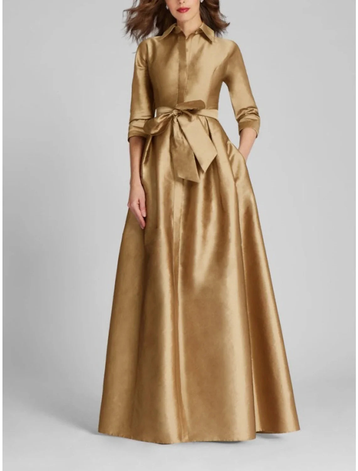 Satin A-Line Evening Gown Champagne Gold Minimalist Black Christmas Red Green Dress Dress Formal Fall Floor Length Half Sleeve Shirt Collar with Bow(s) Pleats 2026