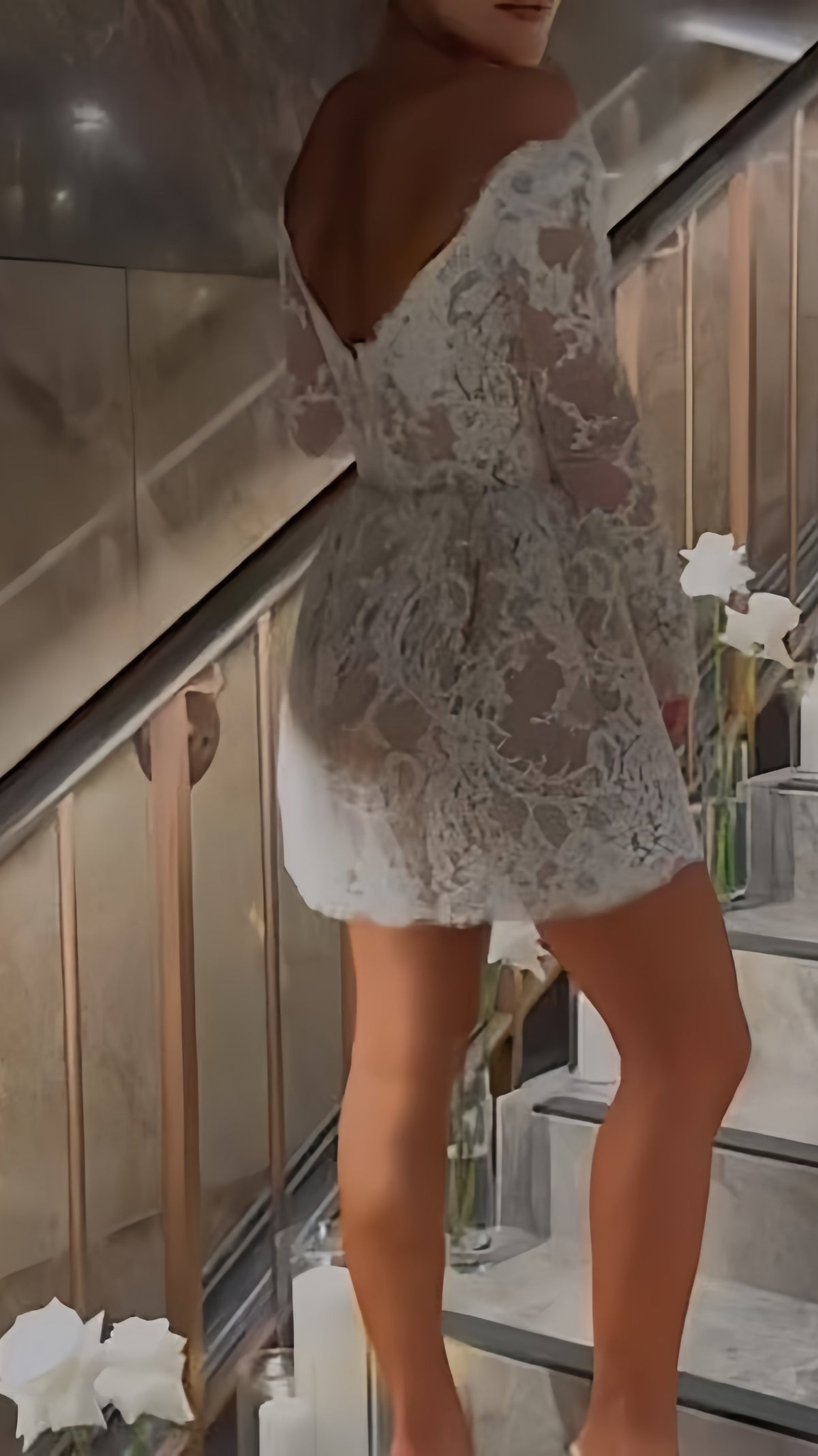 White Lace Bridal Dresses, Long Sleeves Mini Wedding Gowns,