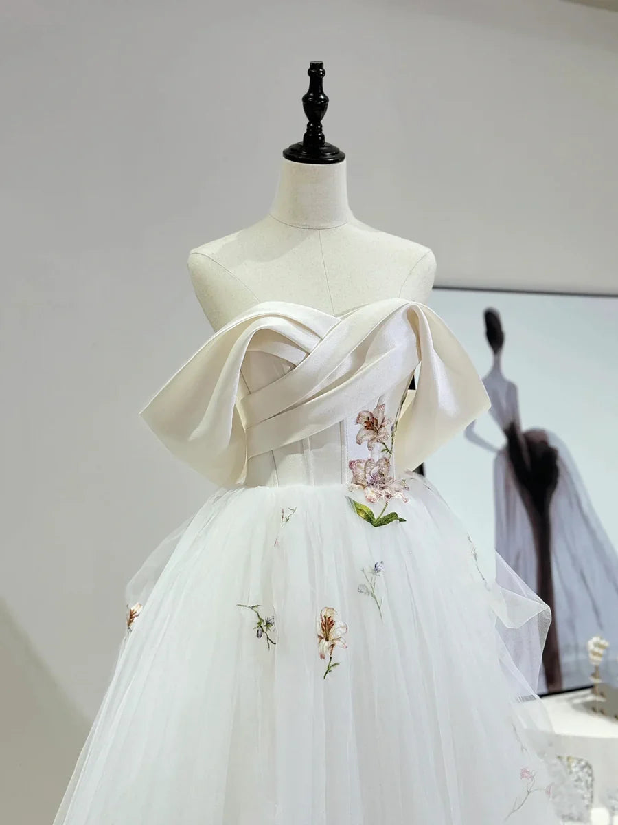Beautiful Tulle Floral Lace Long Off-the-Shoulder Wedding Dress TP936