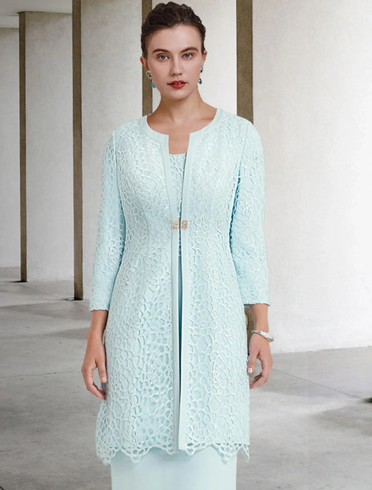 Two Piece Sheath / Column Mother of the Bride Dress Church Elegant Winter With Jacket Half Sleeve Scoop Neck Knee Length Lace Chiffon Crystal Brooch