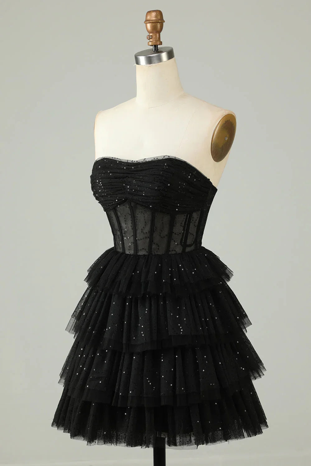 Gorgeous Black Sequined Design A-line Strapless Tiered Homecoming Dress TP3636