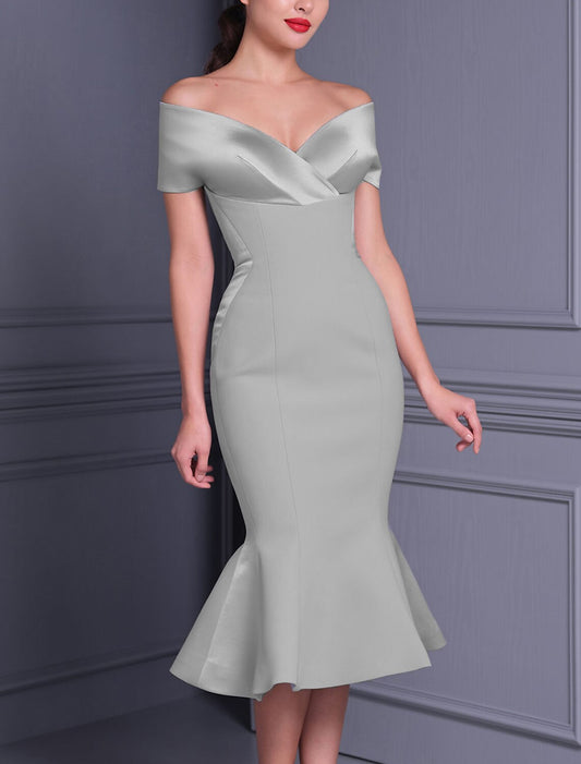 Mermaid / Trumpet Cocktail Dresses Elegant Dress Graduation Wedding Guest Tea Length Short Sleeve Off Shoulder Charmeuse with Sleek 2026