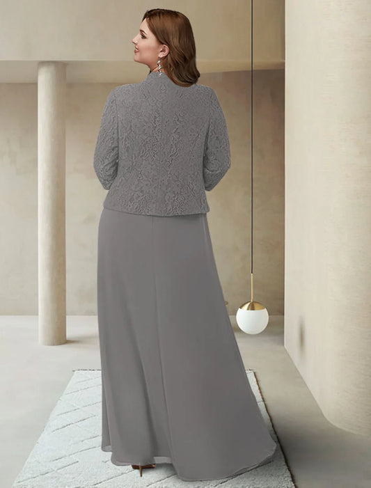 Two Piece Sheath / Column Mother of the Bride Dress Plus Size Elegant Jewel Neck Ankle Length Chiffon Lace 3/4 Length Sleeve Wrap Included with Appliques