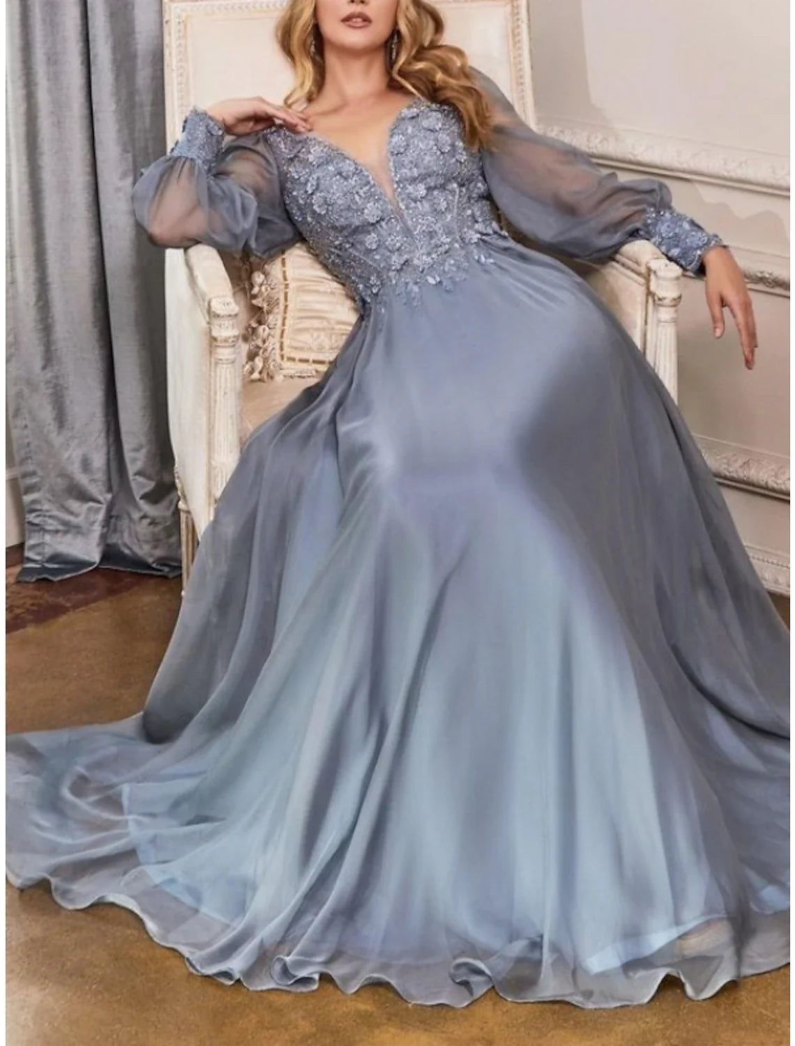 Sheath / Column Wedding Guest Dresses Elegant Dress Wedding Guest Floor Length Long Sleeve V Neck Bridesmaid Dress Chiffon with Pleats Appliques 2026