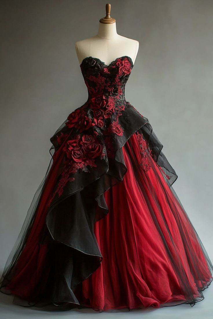Stunning A Line Ball Gown Red And Black Long Prom Gown Evening Dress