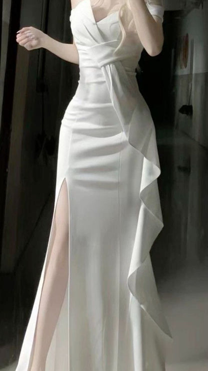 White Off Shoulder Long Prom Gown Evening Dress