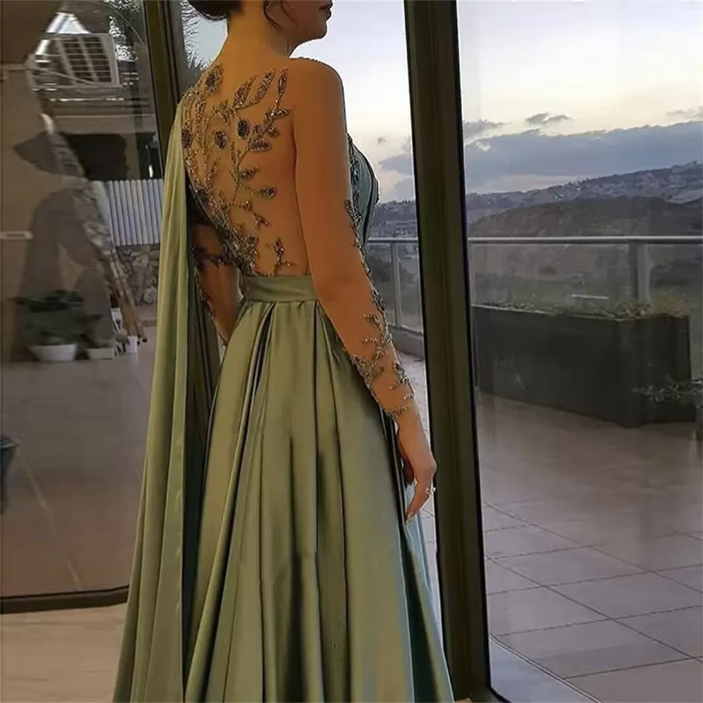 Evening Dresses One Shoulder Full Length Satin A Line Long Sleeves Formal Party Dress Prom Gown