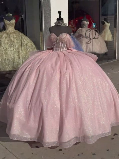 A line Off The Shoulder Tulle Prom Dress Baby pink quince dress Ball Gowns
