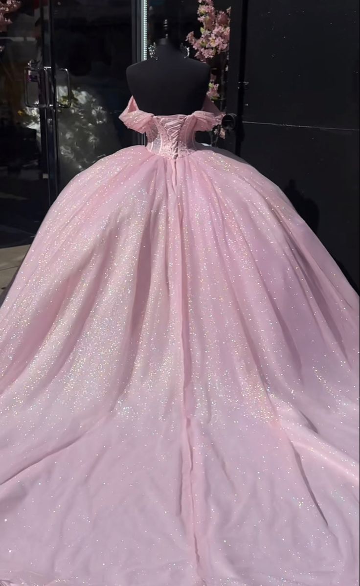 A line Off The Shoulder Tulle Prom Dress Baby pink quince dress Ball Gowns