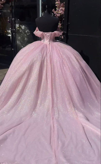 A line Off The Shoulder Tulle Prom Dress Baby pink quince dress Ball Gowns