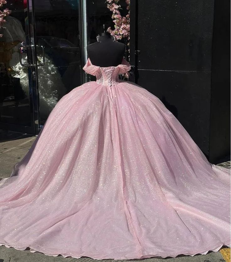 A line Off The Shoulder Tulle Prom Dress Baby pink quince dress Ball Gowns