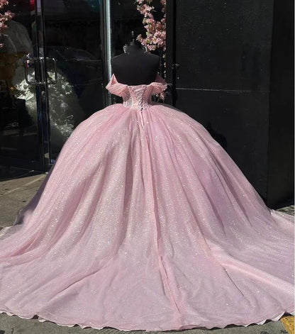 A line Off The Shoulder Tulle Prom Dress Baby pink quince dress Ball Gowns