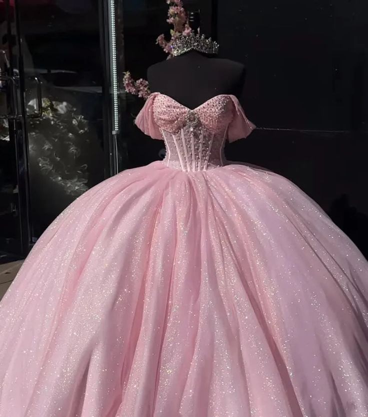 A line Off The Shoulder Tulle Prom Dress Baby pink quince dress Ball Gowns