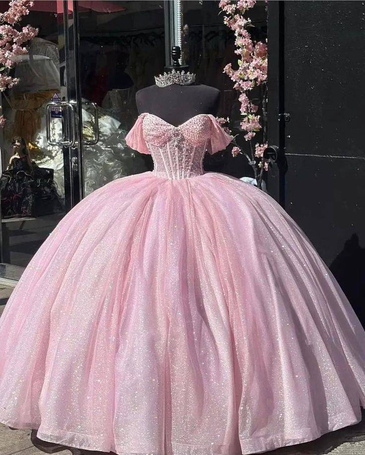 A line Off The Shoulder Tulle Prom Dress Baby pink quince dress Ball Gowns