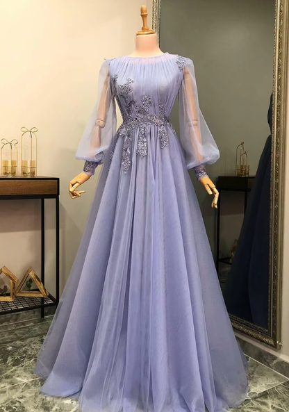 Lilac A line Prom Dresses Appliques Lace Beading Tulle Long Sleeves Formal Evening Party Gowns
