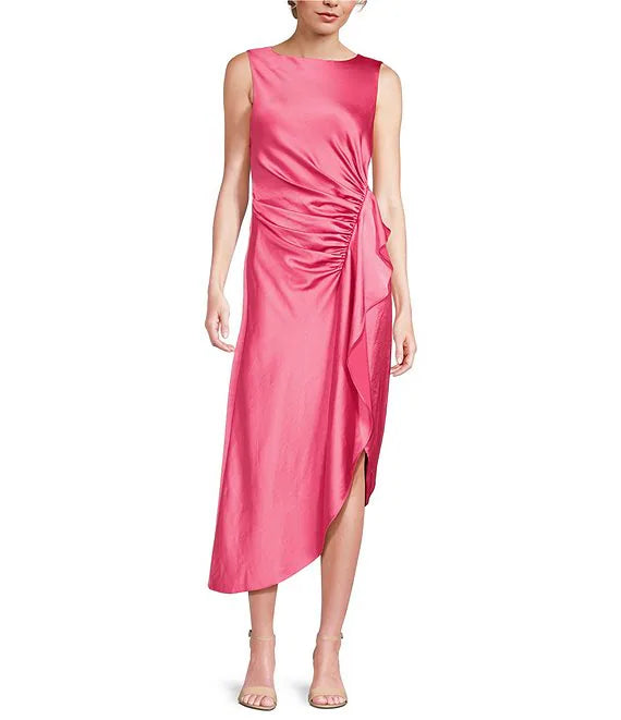 Satin sleeveless mid length evening dress