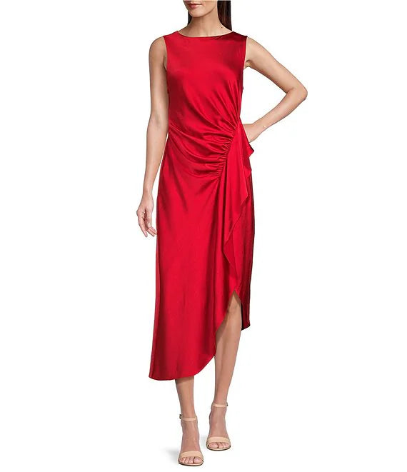Satin sleeveless mid length evening dress