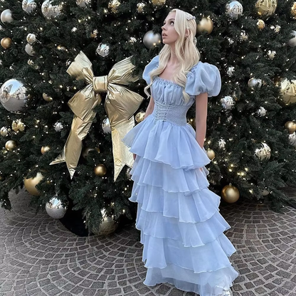 Sky Blue Tiered Skirt Prom Dress Puff Short Sleeves Formal Party Evening Gown