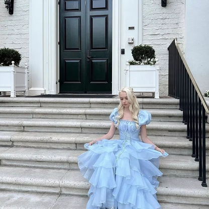 Sky Blue Tiered Skirt Prom Dress Puff Short Sleeves Formal Party Evening Gown