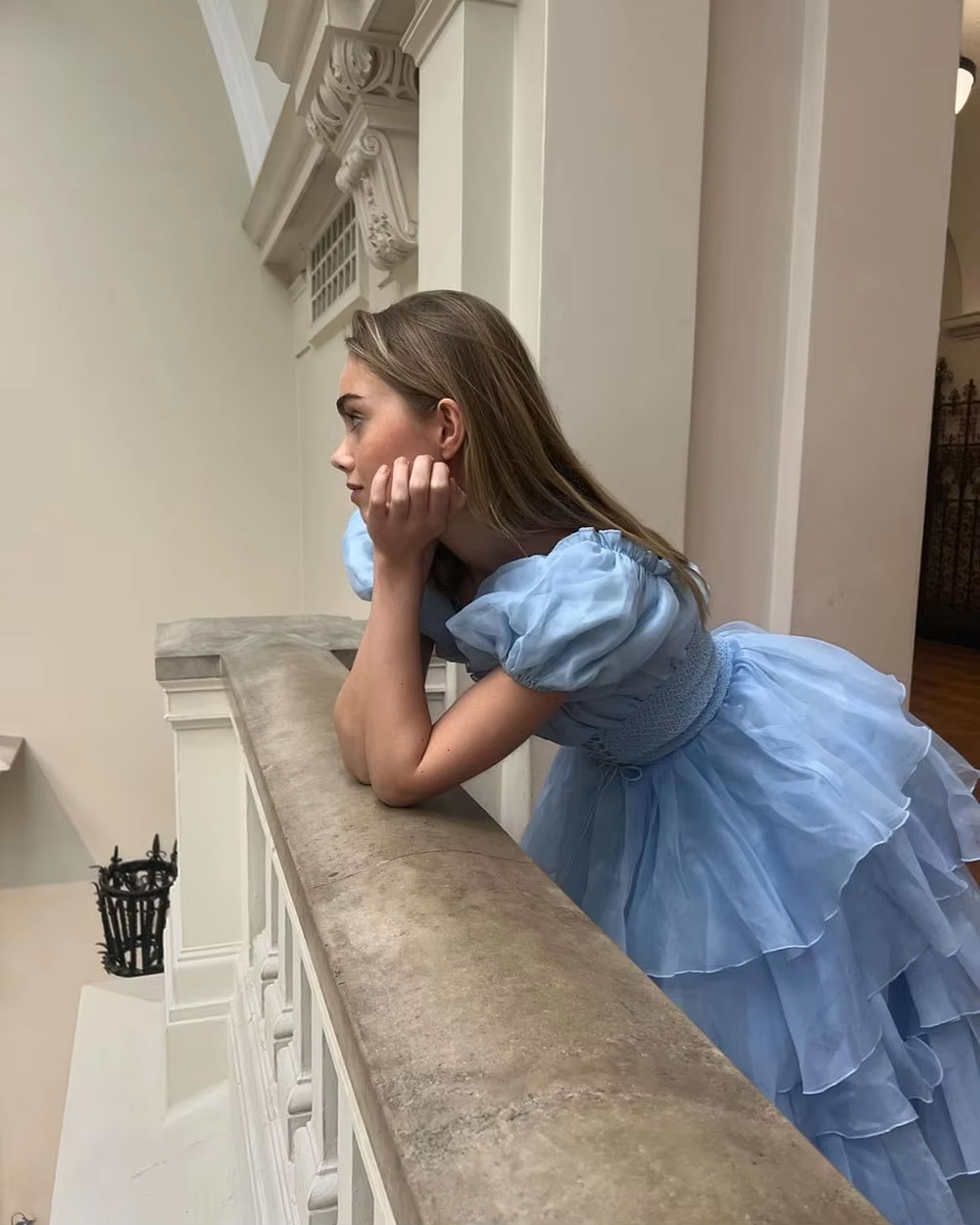 Sky Blue Tiered Skirt Prom Dress Puff Short Sleeves Formal Party Evening Gown
