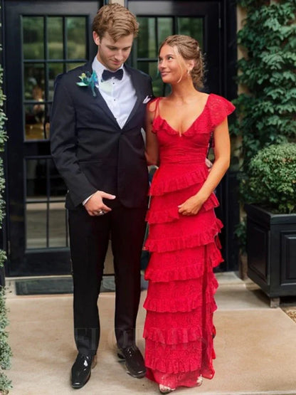 Vintage Red V-neck Long Prom Dress Sheath Tiered High Slit Formal Dress TP4605